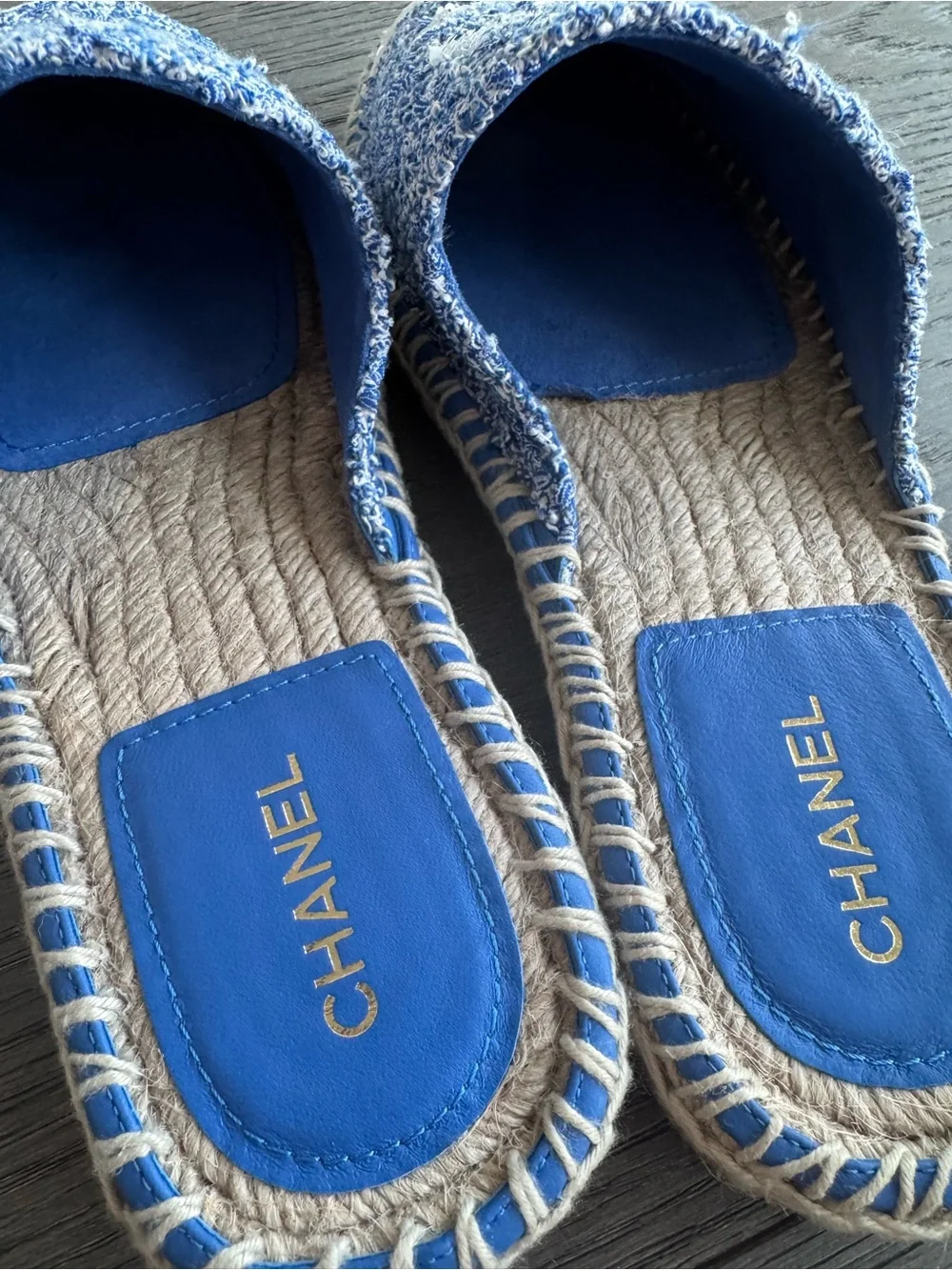 Chanel blue sequined tweed espadrille mules
